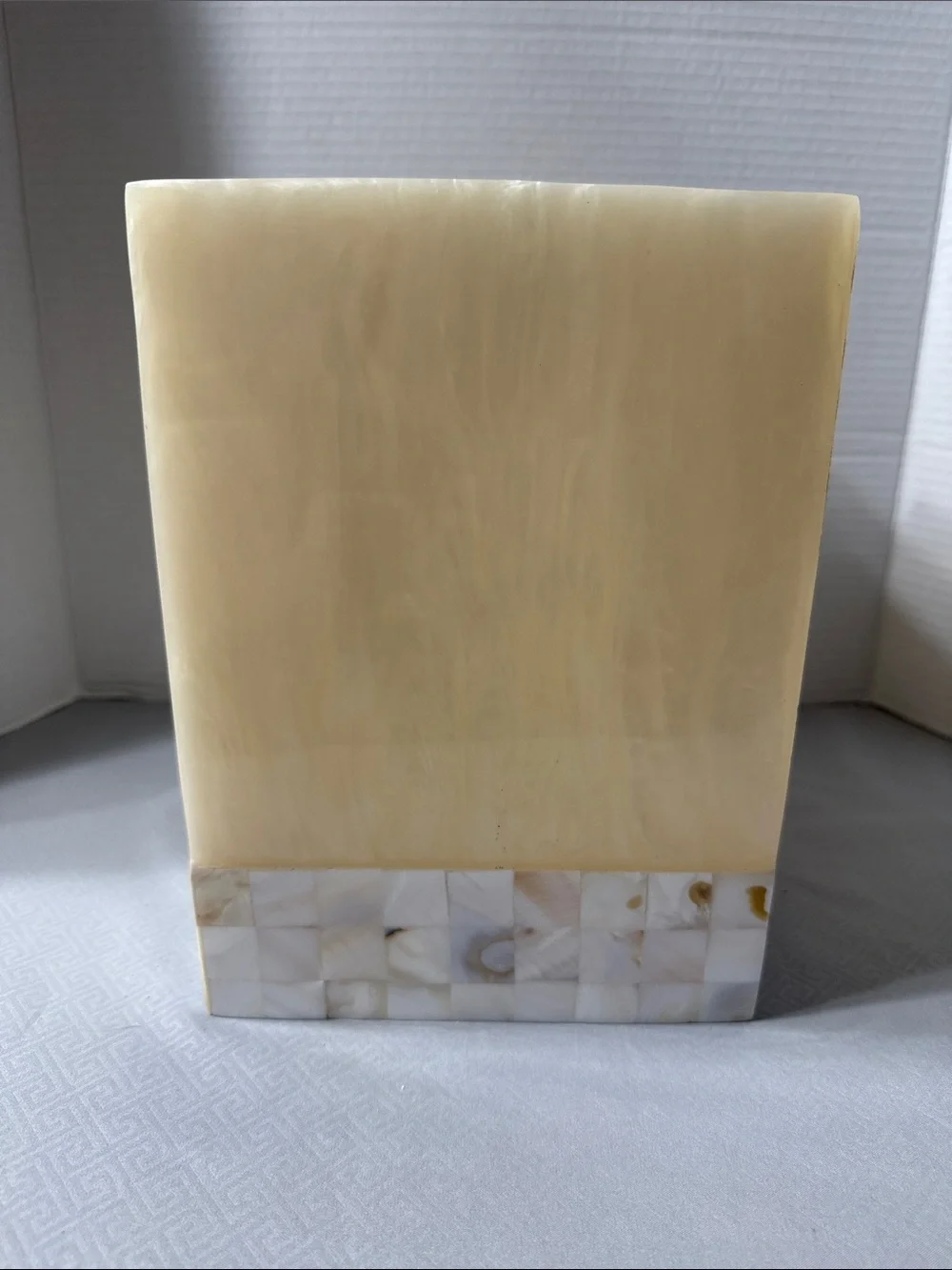 Mid Century Poured Resin Square Wastebasket Mother of Pearl Mosaic Tile Trim